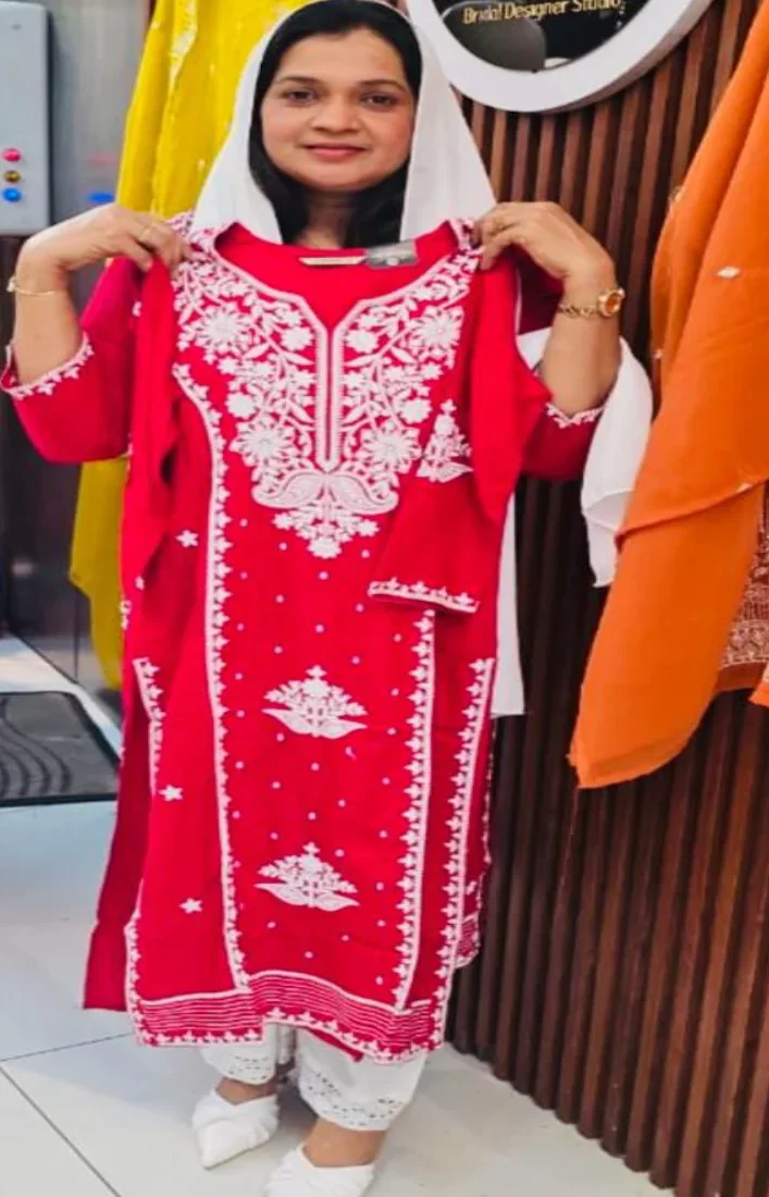 Red-Chikankari Kurti